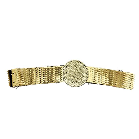 Vintage Gold Belt Stretch Metal Fishscale Elastic Belt Round Buckle - Picture 1 of 5